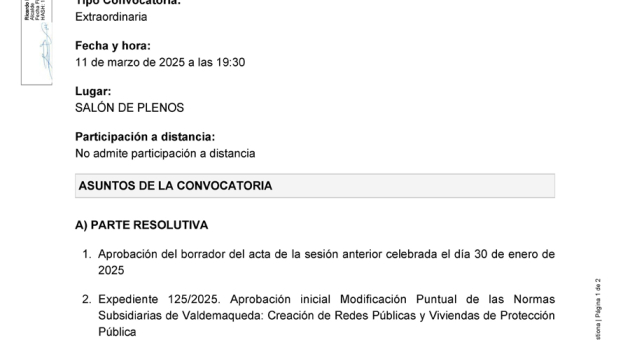 Convocatoria a Pleno sesión extraordinaria, martes 11 de marzo a las 19:30h